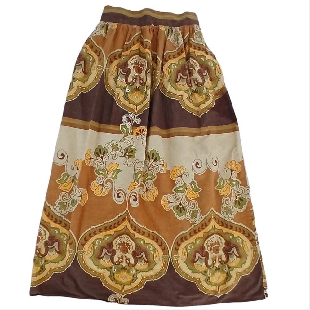 Vintage Lux Maxi Skirt w/ Earth Tone Print Size Small Boho Hippie Festival